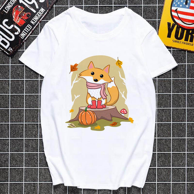 Cute fox printed T shirt Women Harajuku