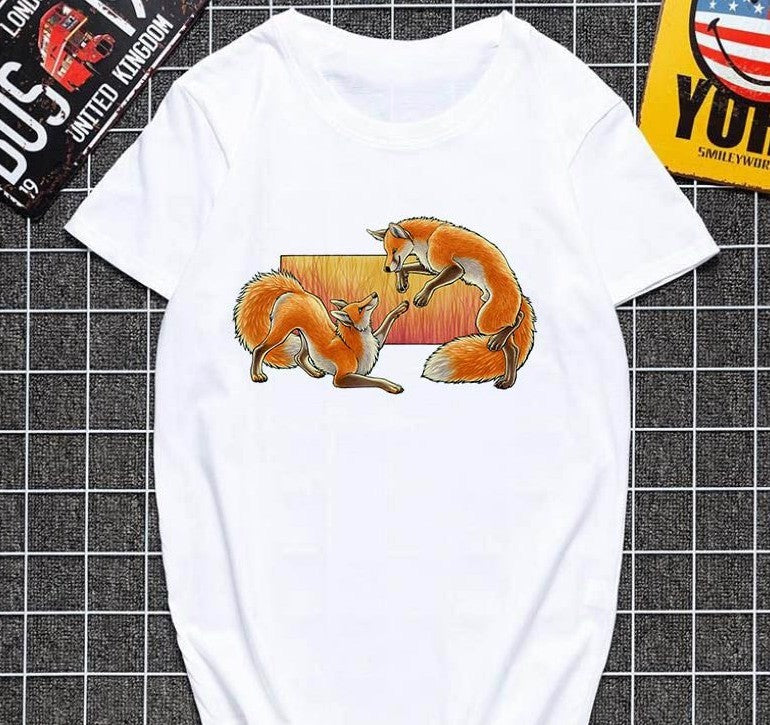 Cute fox printed T shirt Women Harajuku
