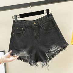 Women's Fashion Casual High Waist Ripped Tassel Raw Edge Denim Shorts